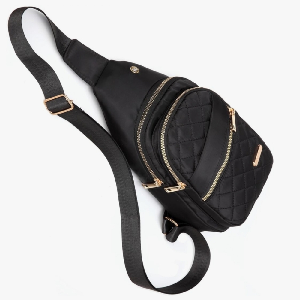 NWT Crossbody Sling Bag Black with Gold Zippers/Hardware One Size - Picture 2 of 5